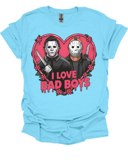 Baby Blue Micheal and Jason "I Love Bad Boys Slasher Valentine Graphic Tee