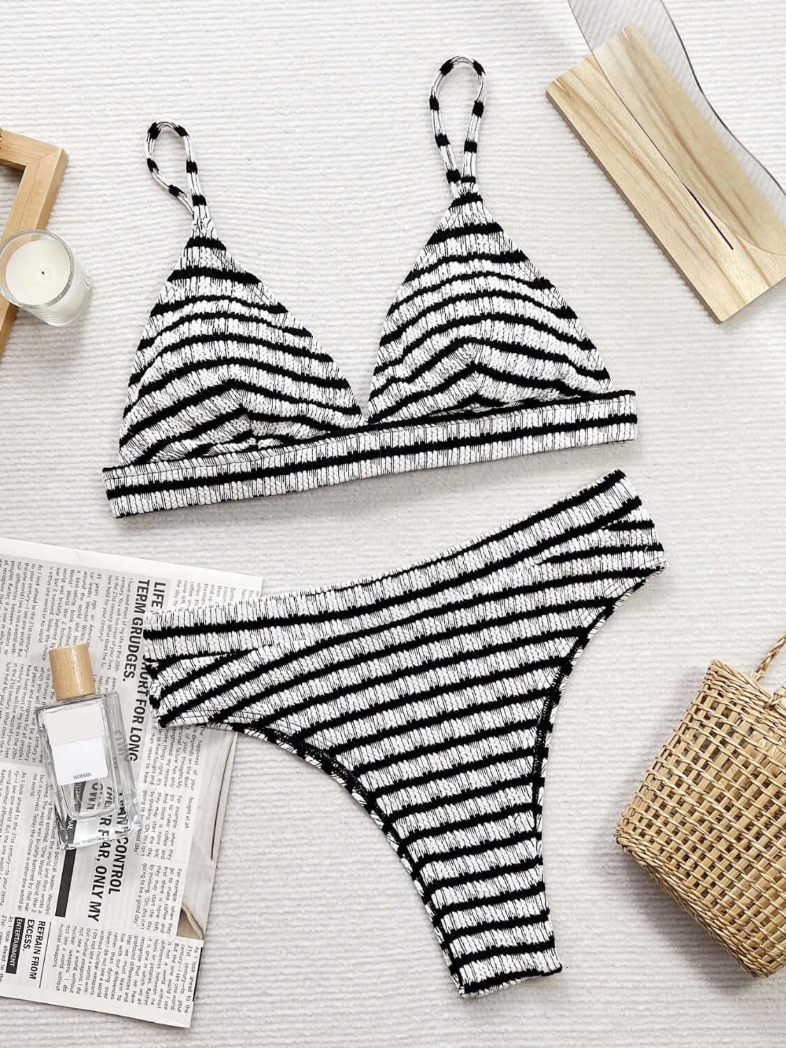 Striped V-Neck Two-Piece Swim Set - Ink Wave Creations