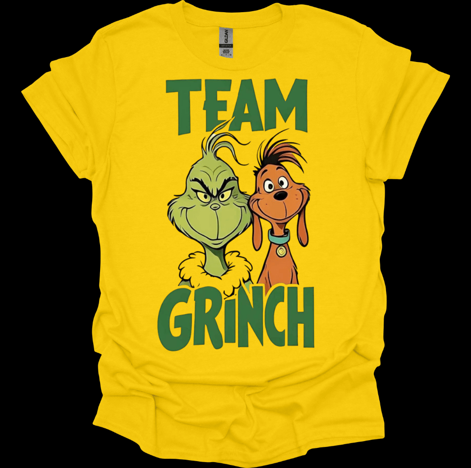 Yellow t-shirt with 'Team Grinch' text and characters on a black background