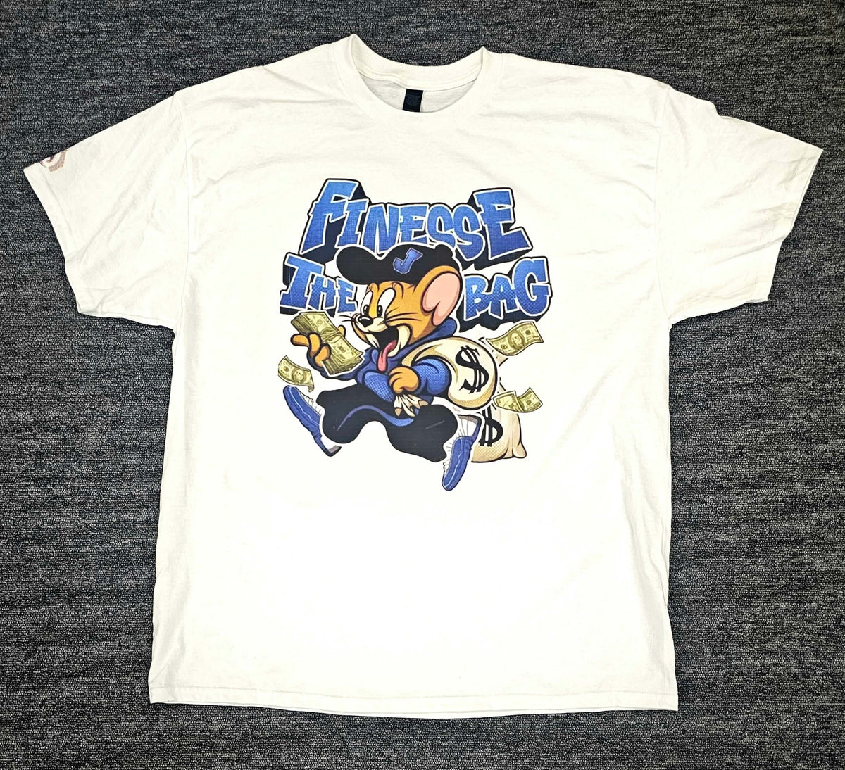 Finesse the Bag with Jerry T-Shirt featuring cartoon Jerry holding money, custom streetwear