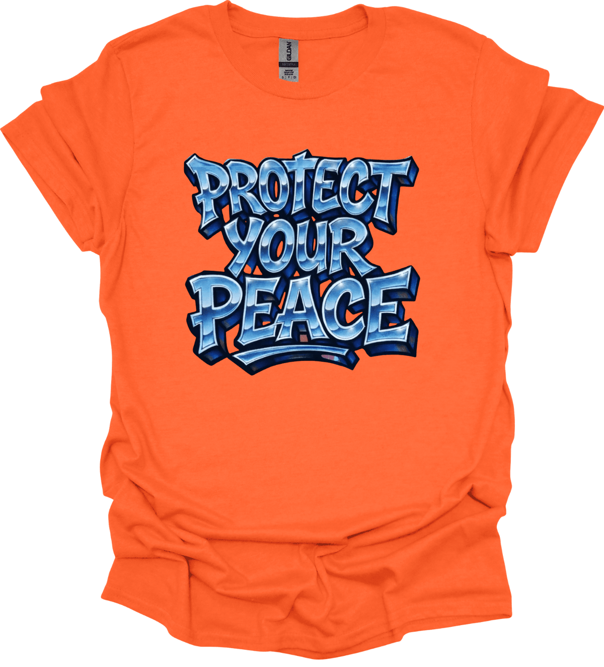 Orange Protect Your Peace Graphic Tee with blue text 'PROTECT YOUR PEACE' on a white background