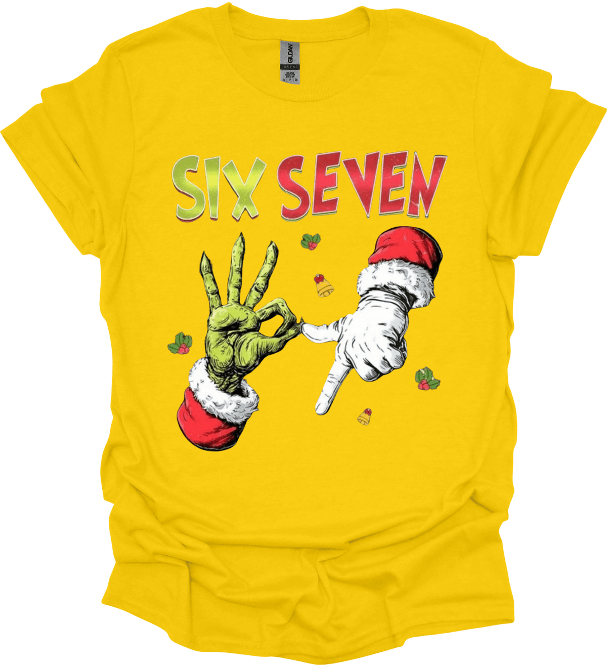 Yellow t-shirt with graphic design of hands and text 'Six Seven' on a white background