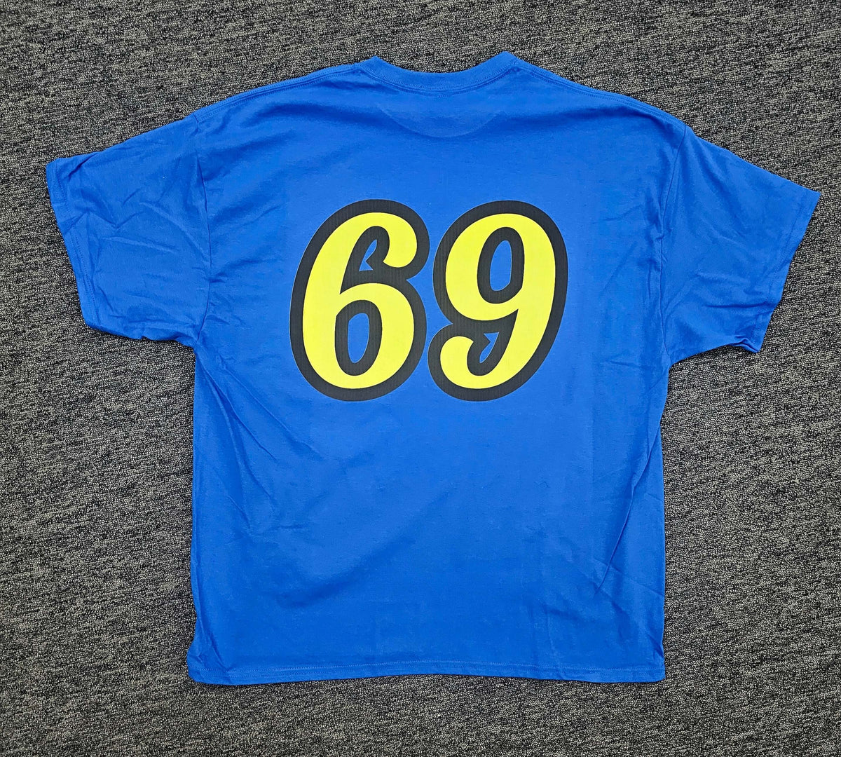 Back of Blue It’s Your Lucky Day at Bingo Shirt with yellow and black '69' design on a gray background