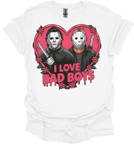 White Micheal and Jason "I Love Bad Boys Slasher Valentine Graphic Tee