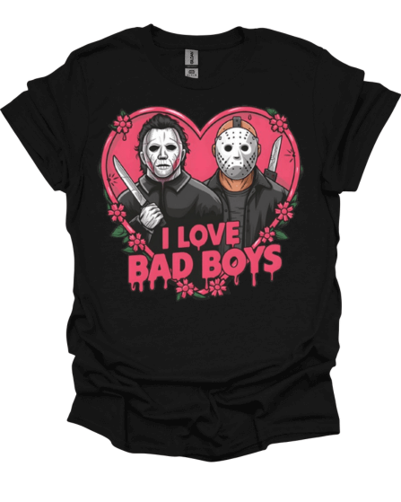 Black Micheal and Jason "I Love Bad Boys Slasher Valentine Graphic Tee