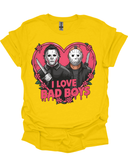 Yellow Micheal and Jason "I Love Bad Boys Slasher Valentine Graphic Tee