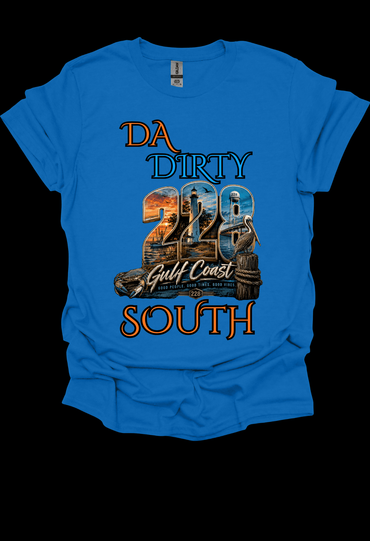 Blue Da Dirty South 228 Graphic Tee with graphic design and text on a black background