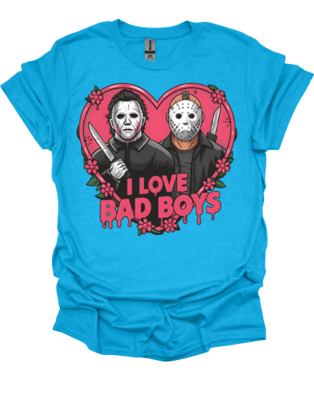 Royal Blue Micheal and Jason "I Love Bad Boys Slasher Valentine Graphic Tee
