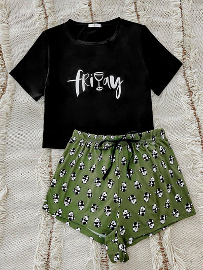 Graphic Tee and Panda Print Shorts Lounge Set - Ink Wave Creations