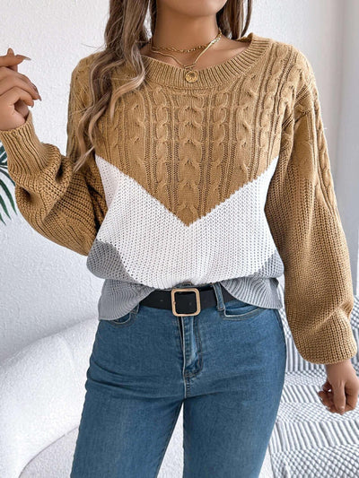 Cable-Knit Color Block Round Neck Sweater - Ink Wave Creations