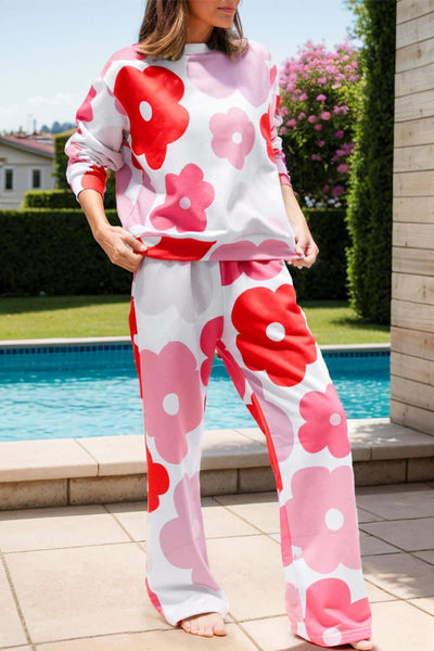 Flower Round Neck Long Sleeve Top and Pants Lounge Set - Ink Wave Creations