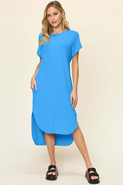 Double Take Full Size Round Neck Short Sleeve Slit Dress - Ink Wave Creations