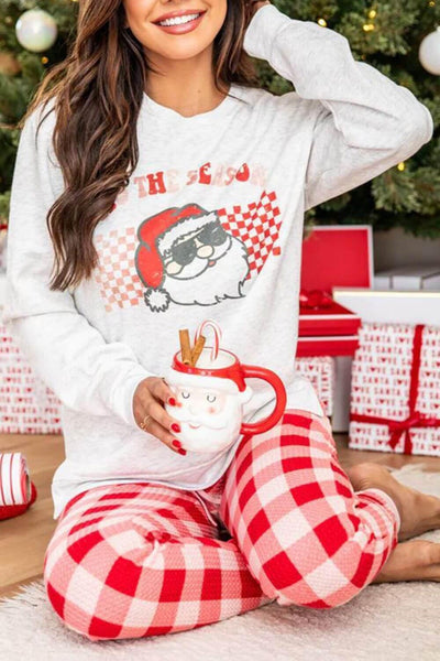 ITS THE SEASON Round Neck Top and Plaid Pants Lounge Set - Ink Wave Creations