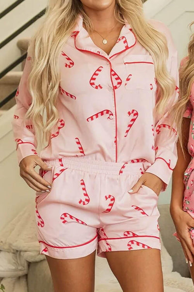Candy Cane Collared Neck Long Sleeve Top and Shorts Lounge Set - Ink Wave Creations