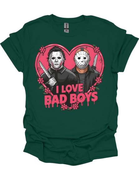 Green Micheal and Jason "I Love Bad Boys Slasher Valentine Graphic Tee