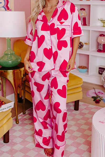 Heart Collared Neck Short Sleeve Top and Pants Lounge Set - Ink Wave Creations