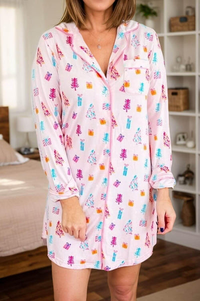 Printed Collared Neck Long Sleeve Lounge Dress - Ink Wave Creations
