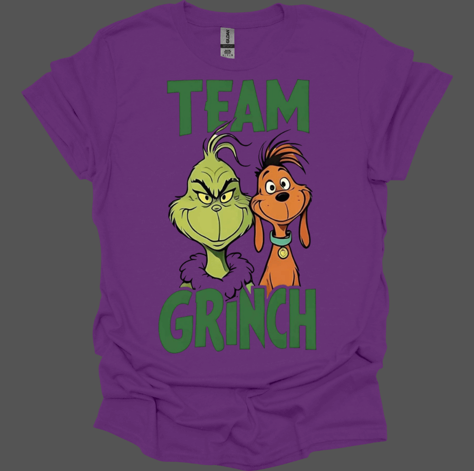 Purple t-shirt with 'Team Grinch' text and characters on a gray background