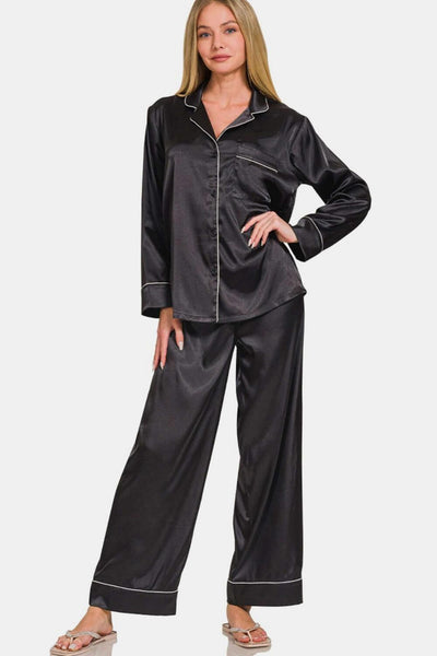 Zenana Satin Long Sleeve Shirt and Pants Pajama Set - Ink Wave Creations