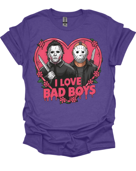 Purple Micheal and Jason "I Love Bad Boys Slasher Valentine Graphic Tee