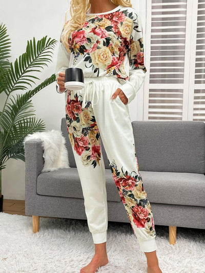 Shiny Printed Round Neck Top and Pants Lounge Set - Ink Wave Creations