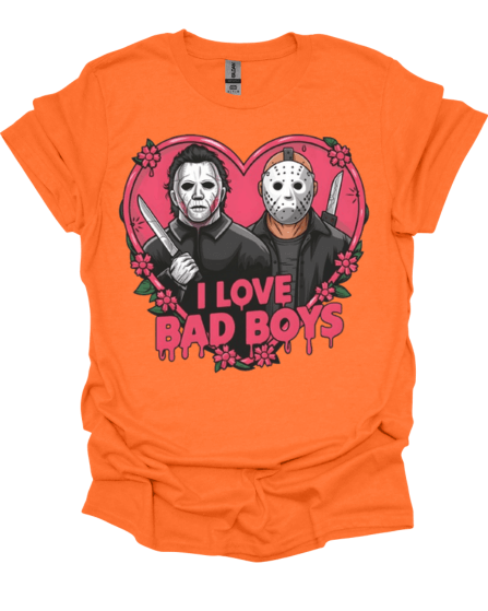 Orange Micheal and Jason "I Love Bad Boys Slasher Valentine Graphic Tee