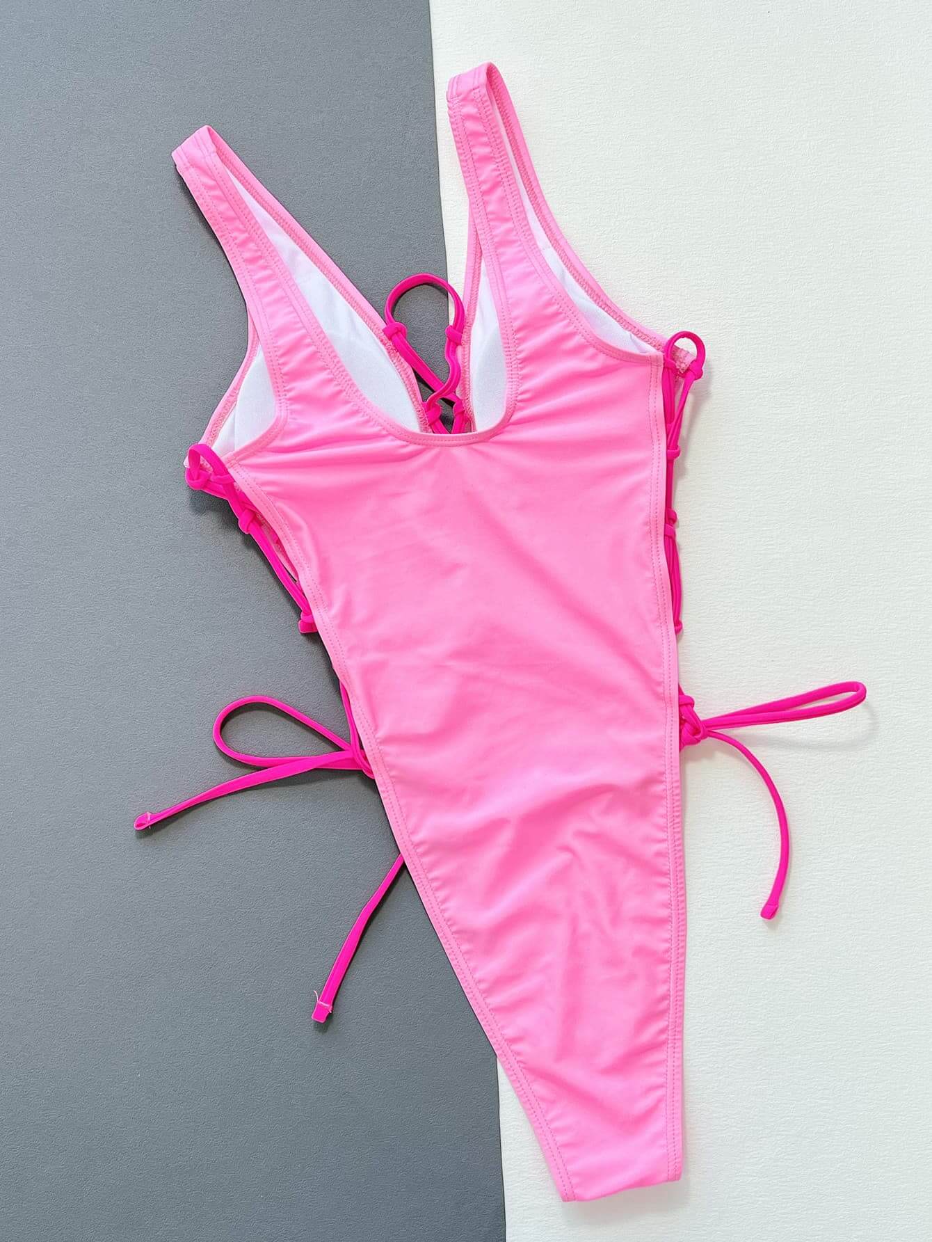 Deep V lace-up one-piece swimsuit