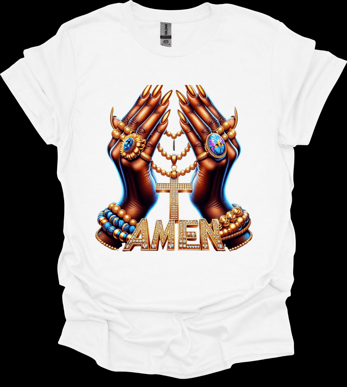 White Amen Faith Cross Graphic Tee with hands holding a cross and 'Amen' text design on a plain background