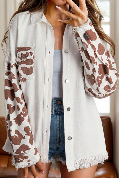 Raw Hem Animal Print Long Sleeve Denim Jacket - Ink Wave Creations