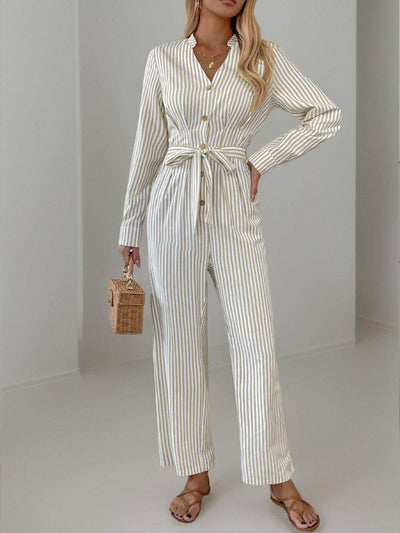 Striped Notched Long Sleeve Tie Waist Jumpsuit - Ink Wave Creations