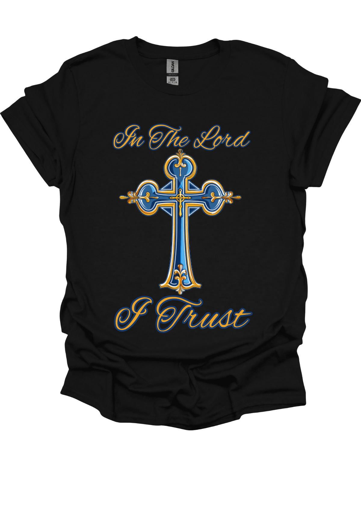 Black t-shirt with a blue and gold cross design and text 'In The Lord I Trust' on a white background.