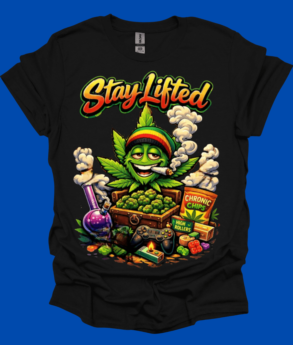 Black Stay Lifted Cannabis Graphic Tee with 'Stay Lifted' graphic design featuring a green character, cannabis leaves, and smoking accessories on a blue background.