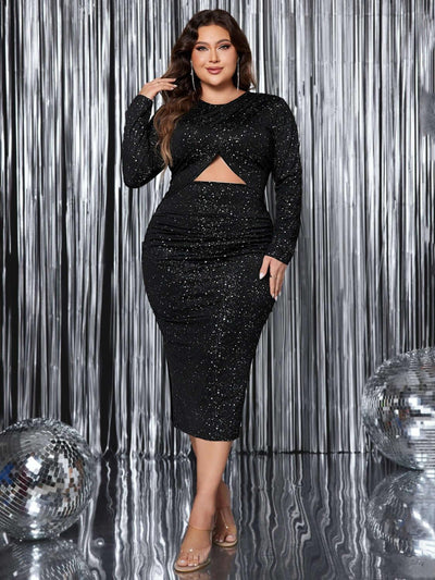 Honey Plus Size Cutout Slit Round Neck Long Sleeve Dress - Ink Wave Creations