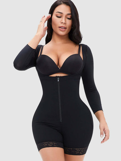 Full Size Zip Up Lace Detail Long Sleeve Shapewear - Ink Wave Creations