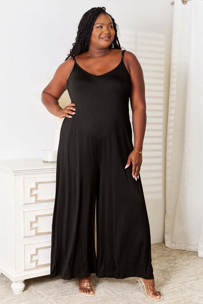Double Take Full Size Soft Rayon Spaghetti Strap Tied Wide Leg Jumpsuit - Ink Wave Creations
