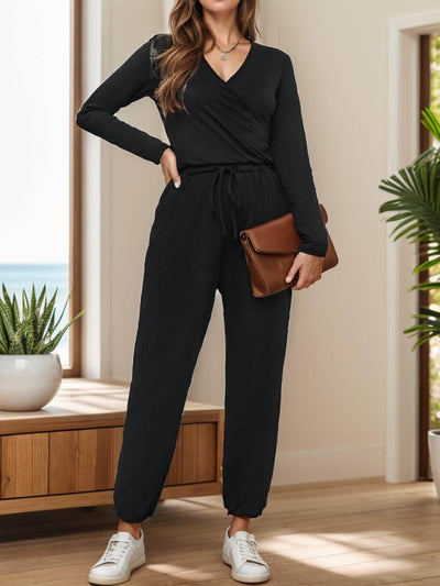 Surplice Tie Waist Long Sleeve Jumpsuit - Ink Wave Creations