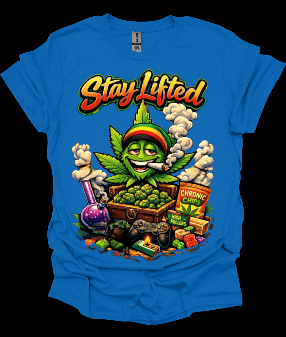 Blue Stay Lifted Cannabis Graphic Tee with 'Stay Lifted' graphic design featuring a cannabis leaf and related items on a black background.