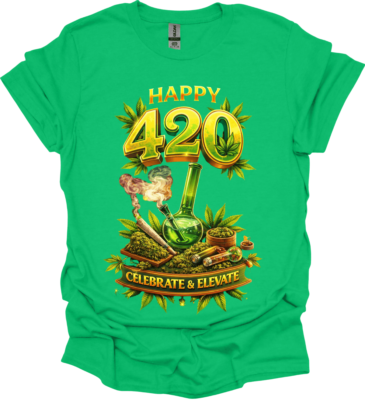 Green Happy 420 Graphic Tee with 'Happy 420 Celebrate & Elevate' design on a white background
