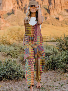 Double Take Full Size Printed V-Neck Sleeveless Jumpsuit - Ink Wave Creations