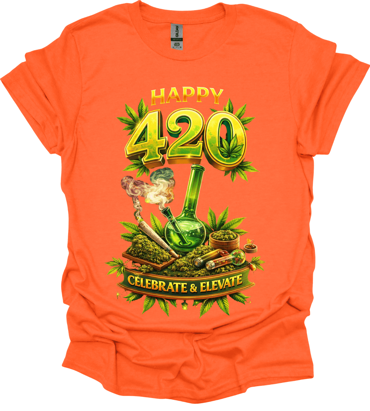 Orange Happy 420 Graphic Tee with 'Happy 420 Celebrate & Elevate' graphic design on a white background