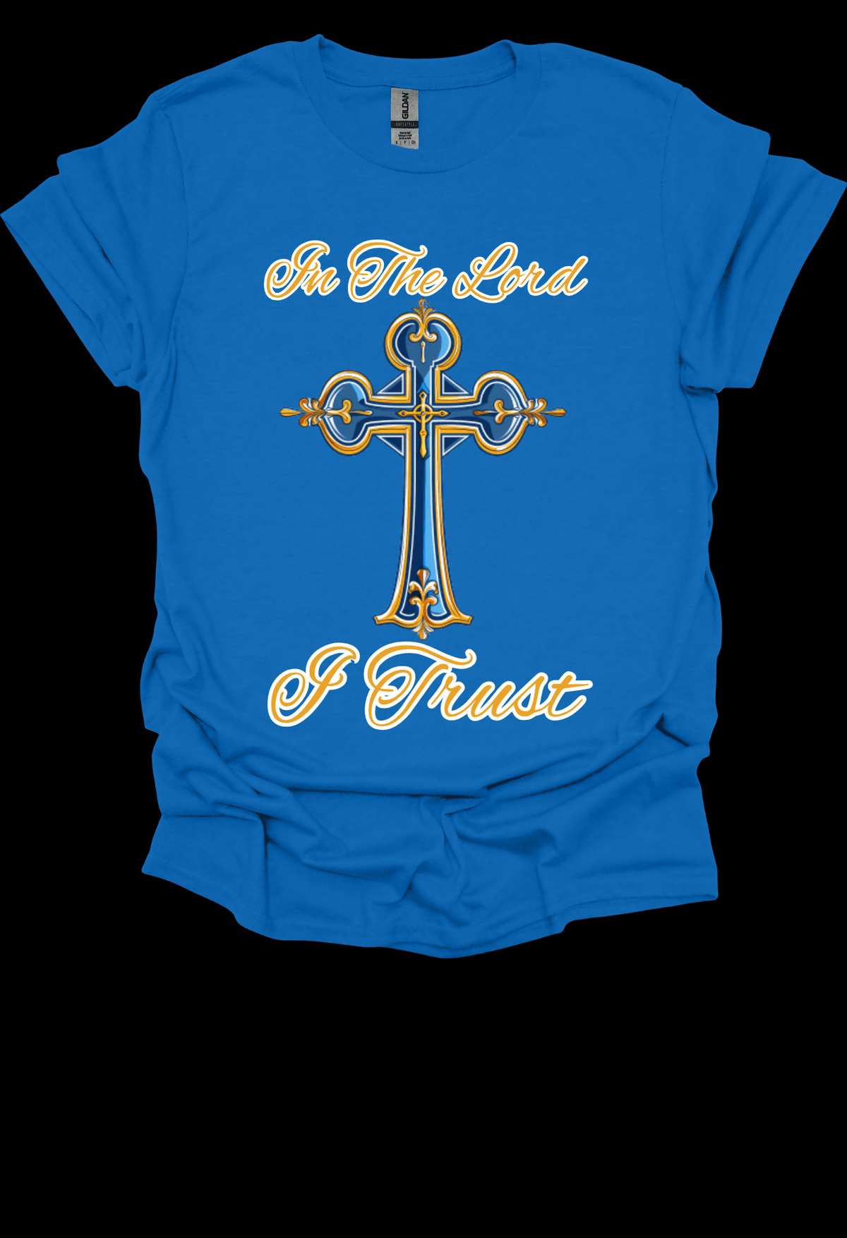 Blue In The Lord I Trust Tee with gold cross and white text on a black background