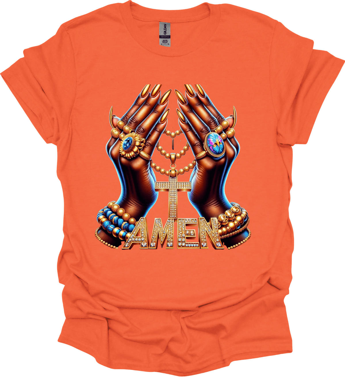 Orange Amen Faith Cross Graphic Tee with hands holding 'Amen' graphic on a white background