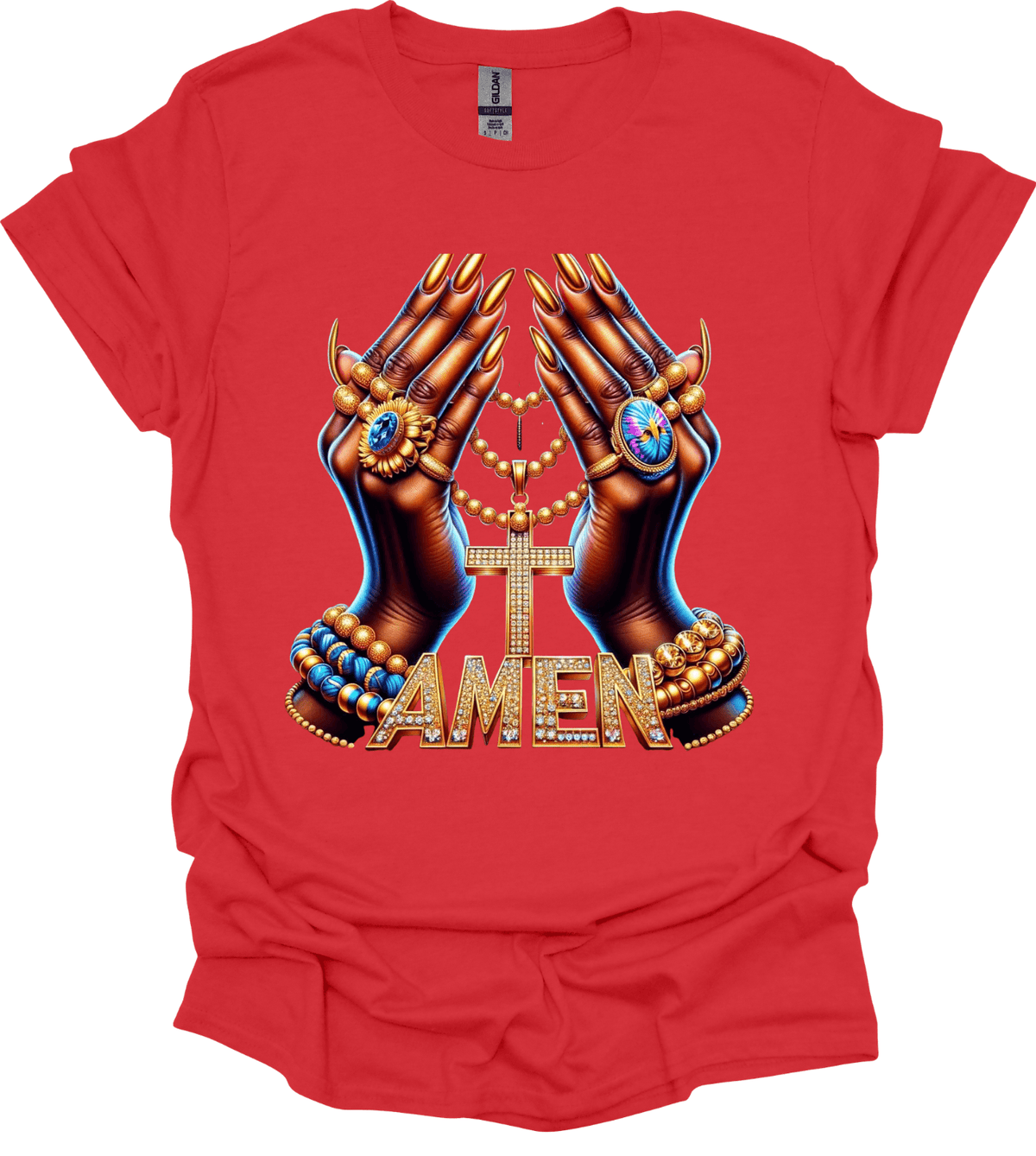 Red Amen Faith Cross Graphic Tee with hands holding a cross and 'Amen' text on a white background
