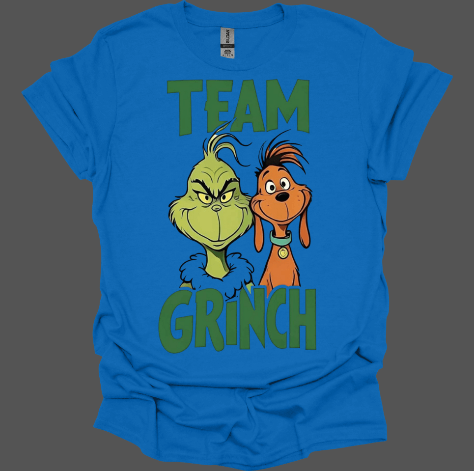 Blue t-shirt with 'Team Grinch' text and characters on a gray background