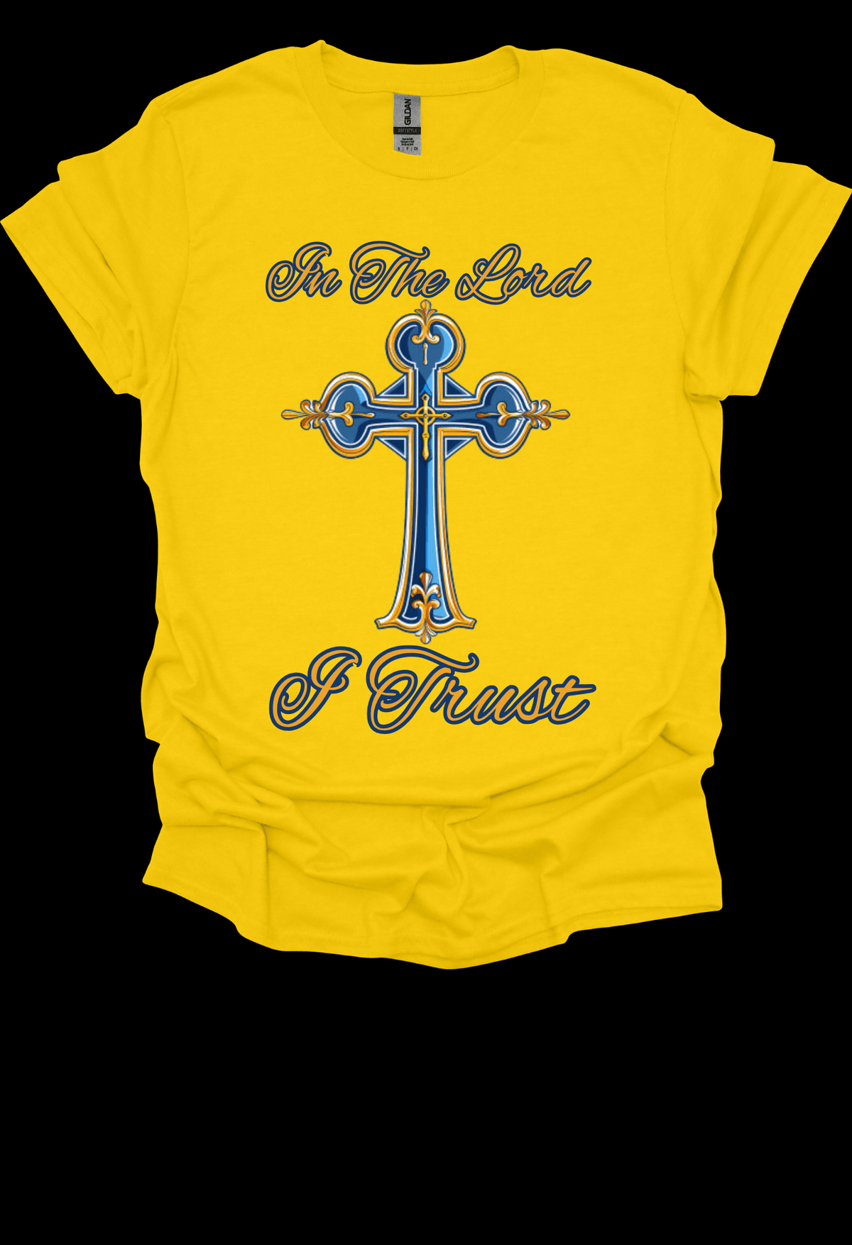 Yellow In The Lord I Trust Tee with a blue cross and text on a black background