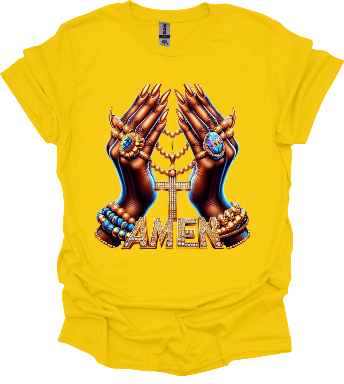 Yellow Amen Faith Cross Graphic Tee with hands holding a cross and 'Amen' text on a white background