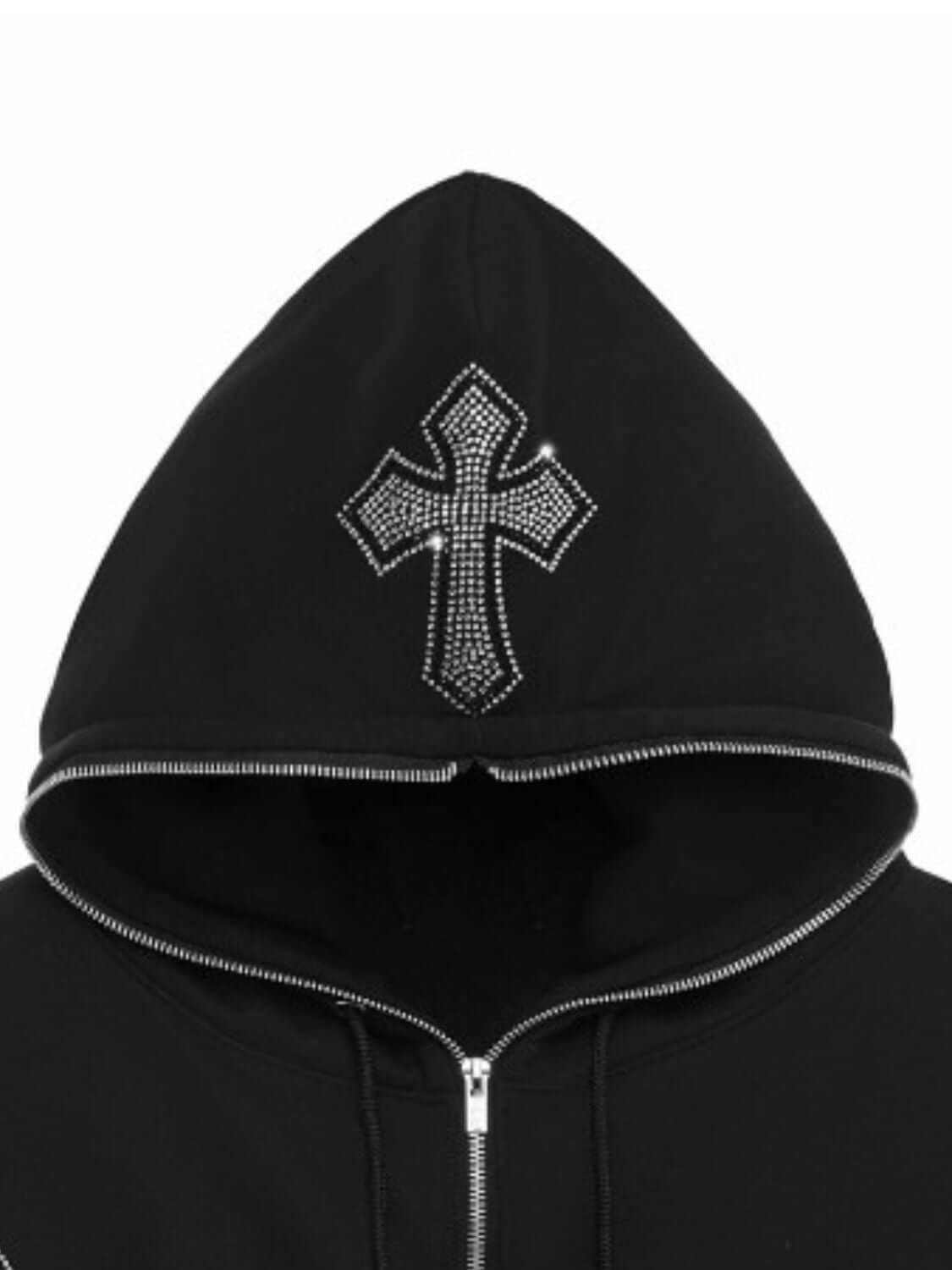 Close up of the hoodie with front pockets and zipper