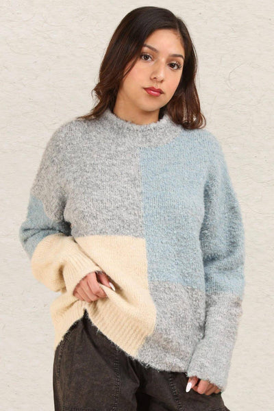 VERY J Color Block Mock Neck Drop Shoulder Sweater - Ink Wave Creations