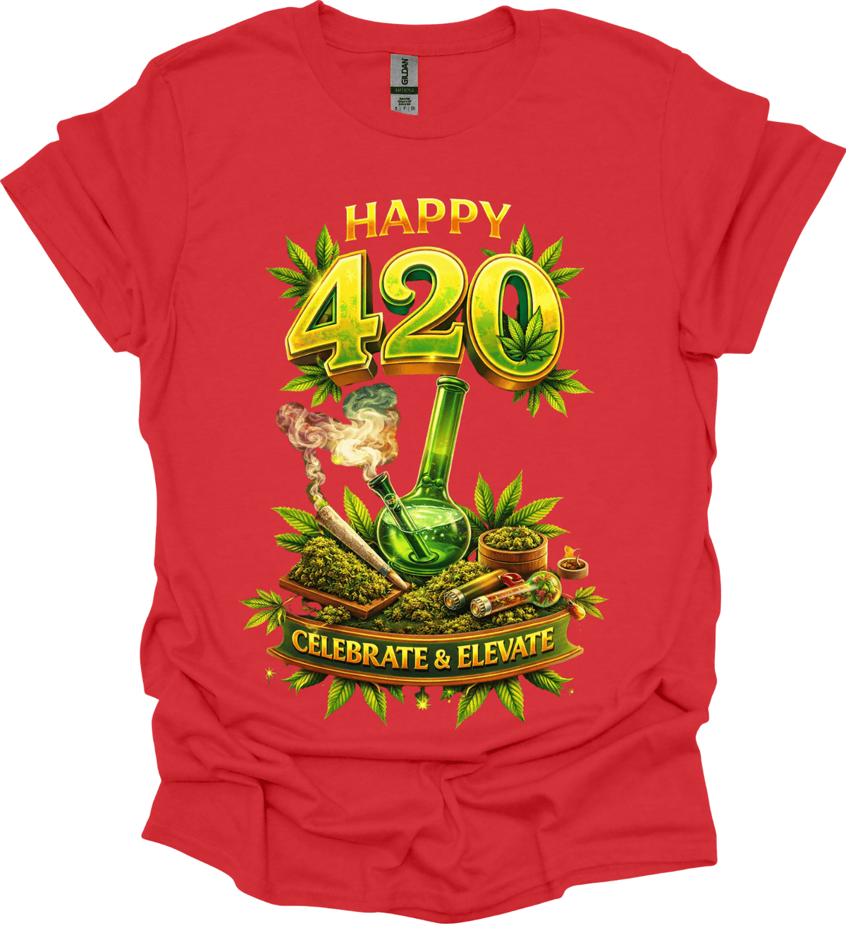 Red Happy 420 Graphic Tee with 'Happy 420 Celebrate & Elevate' design featuring a green bottle and smoking accessories on a white background.