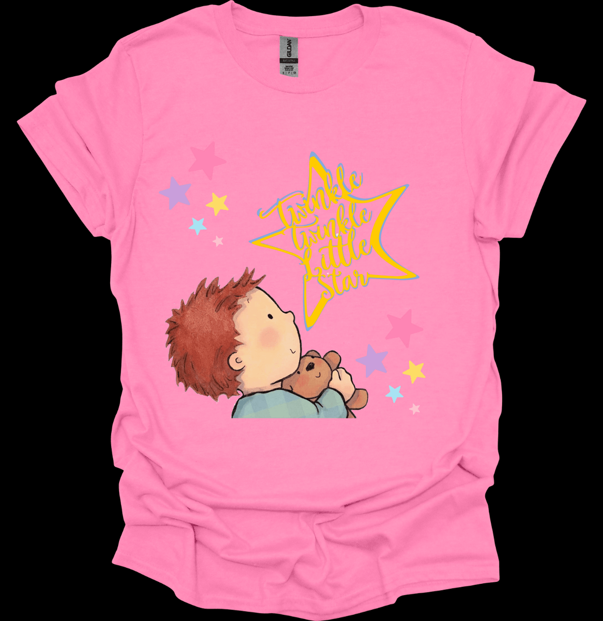Pink t-shirt with a child holding a teddy bear and stars design on a black background